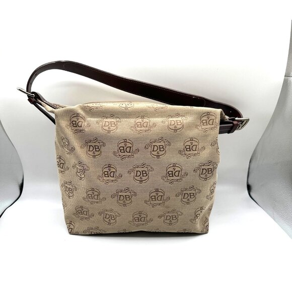Dooney & Bourke Beige Signature Logo Canvas Shoulder Bag  Brown Leather Strap - Picture 3 of 10